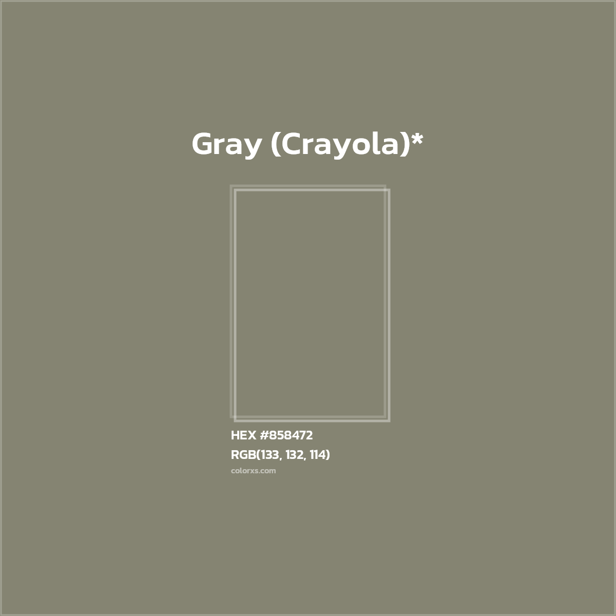 #858472 hex color. RGB, RYB, CMYK, HSL, HSV codes and color conversions. Matching color names, palettes, paints.