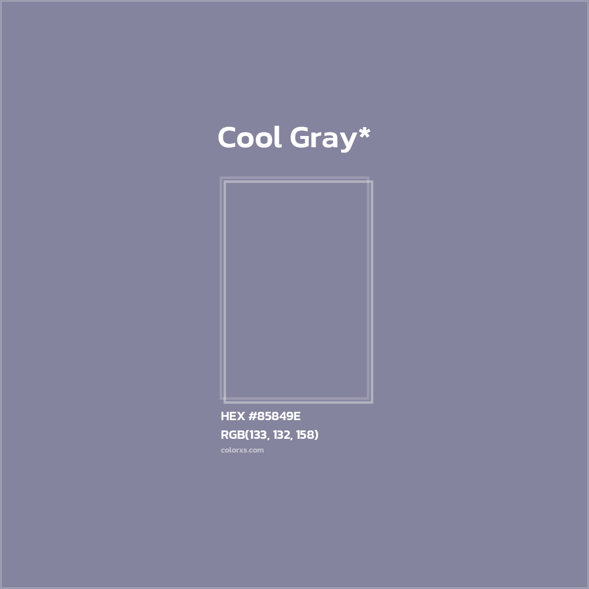 #85849E hex color. RGB, RYB, CMYK, HSL, HSV codes and color conversions. Matching color names, palettes, paints.