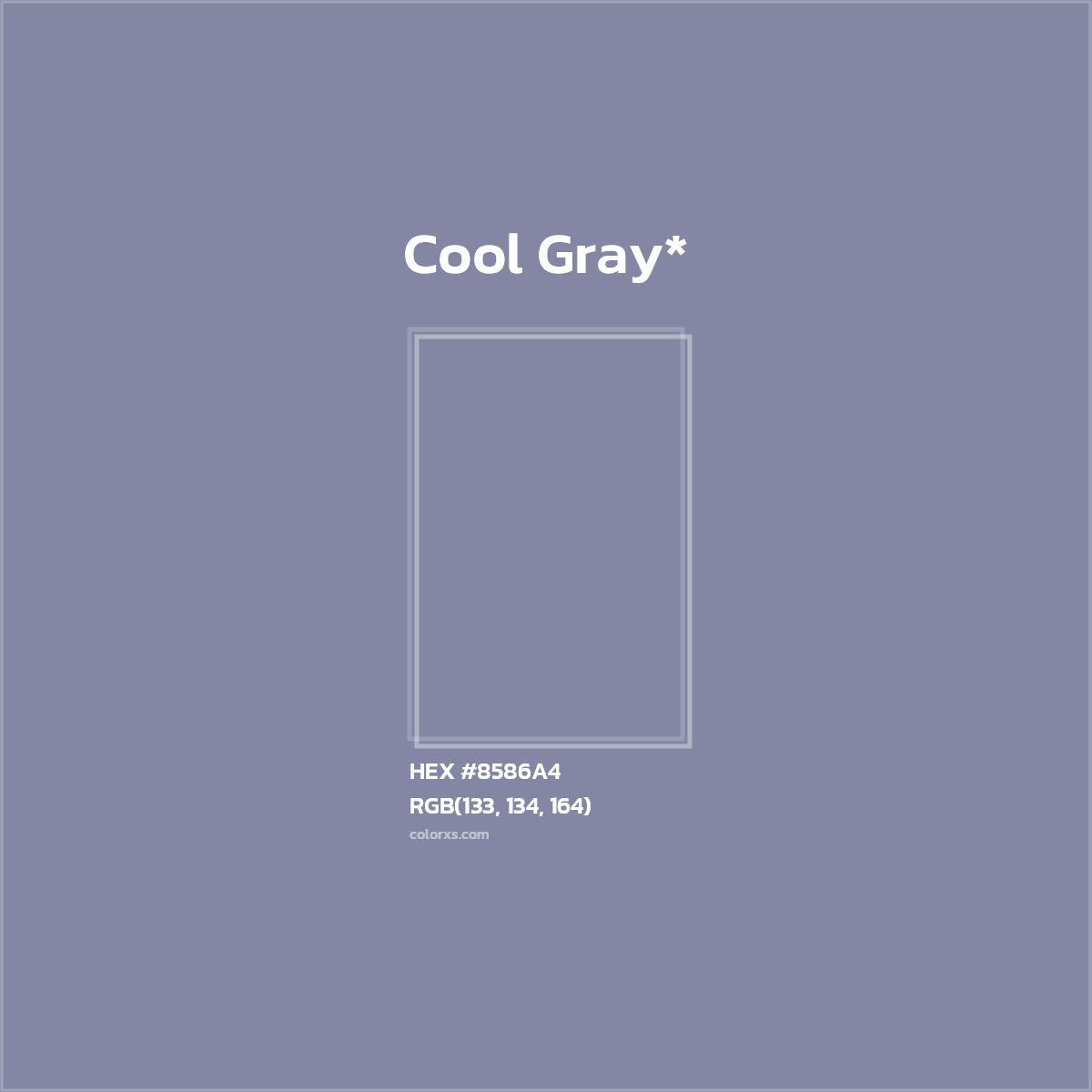 #8586A4 hex color. RGB, RYB, CMYK, HSL, HSV codes and color conversions. Matching color names, palettes, paints.