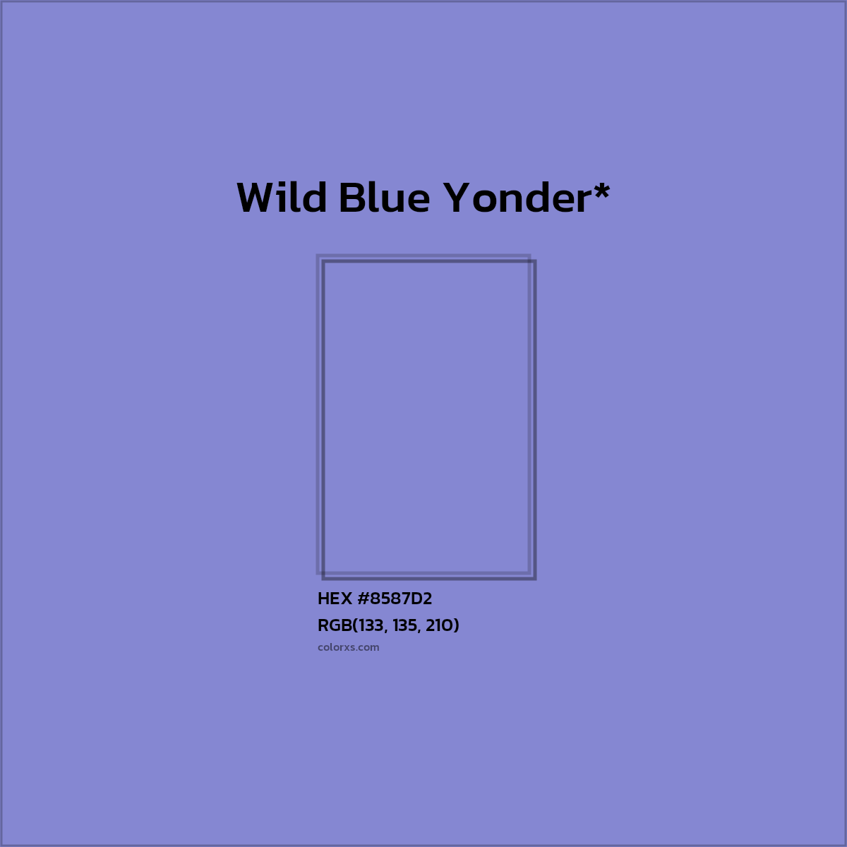 #8587D2 hex color. RGB, RYB, CMYK, HSL, HSV codes and color conversions. Matching color names, palettes, paints.
