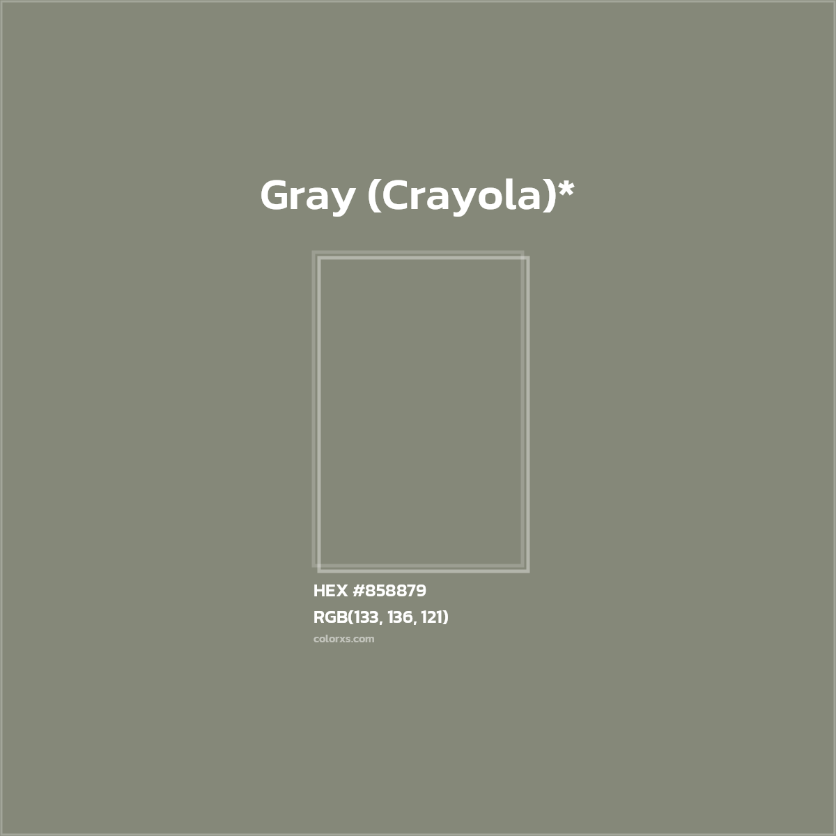 #858879 hex color. RGB, RYB, CMYK, HSL, HSV codes and color conversions. Matching color names, palettes, paints.
