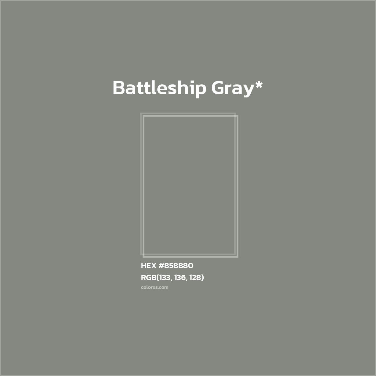 #858880 hex color. RGB, RYB, CMYK, HSL, HSV codes and color conversions. Matching color names, palettes, paints.
