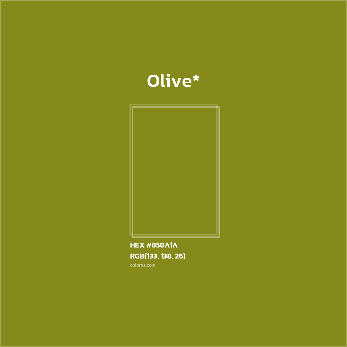 #858A1A hex color. RGB, RYB, CMYK, HSL, HSV codes and color conversions. Matching color names, palettes, paints.