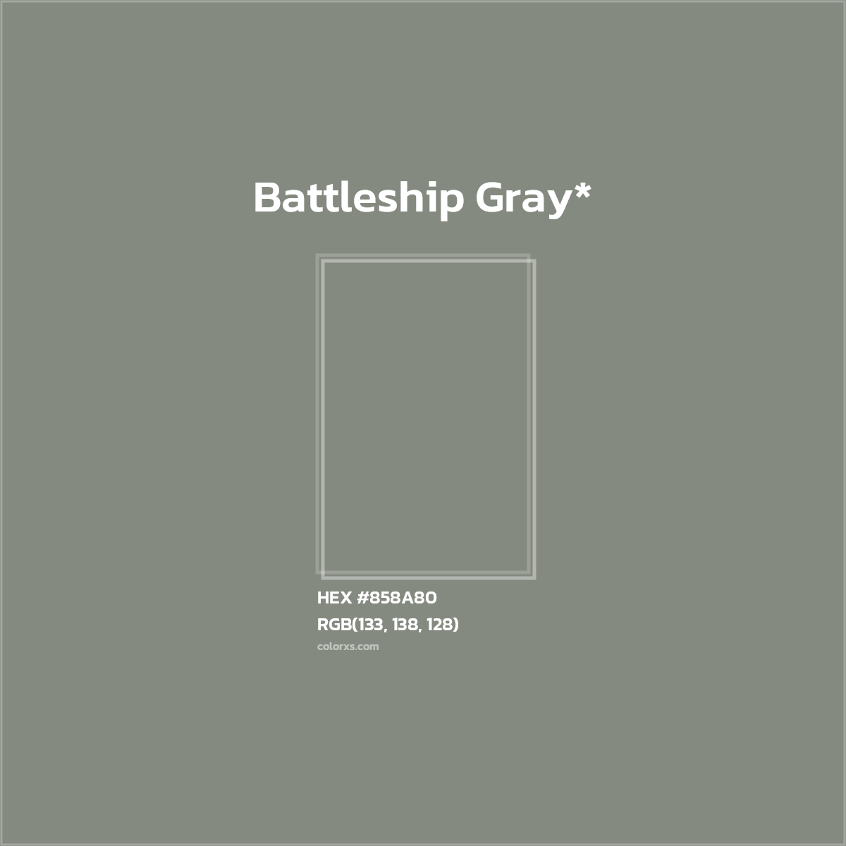 #858A80 hex color. RGB, RYB, CMYK, HSL, HSV codes and color conversions. Matching color names, palettes, paints.
