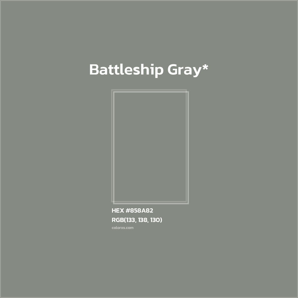 #858A82 hex color. RGB, RYB, CMYK, HSL, HSV codes and color conversions. Matching color names, palettes, paints.