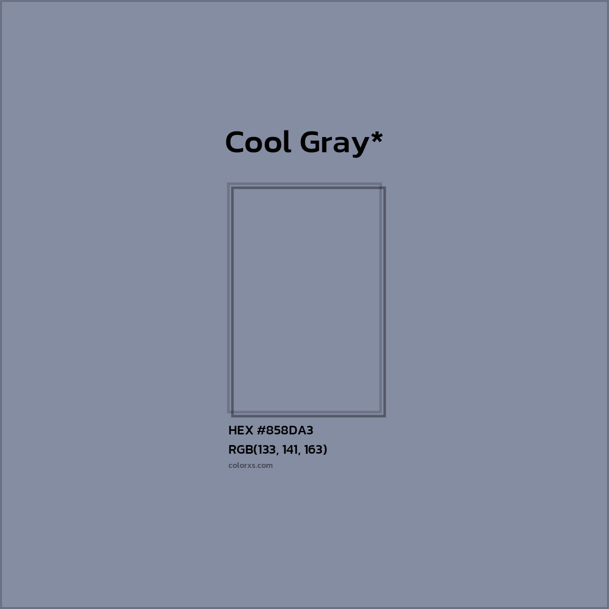 #858DA3 hex color. RGB, RYB, CMYK, HSL, HSV codes and color conversions. Matching color names, palettes, paints.