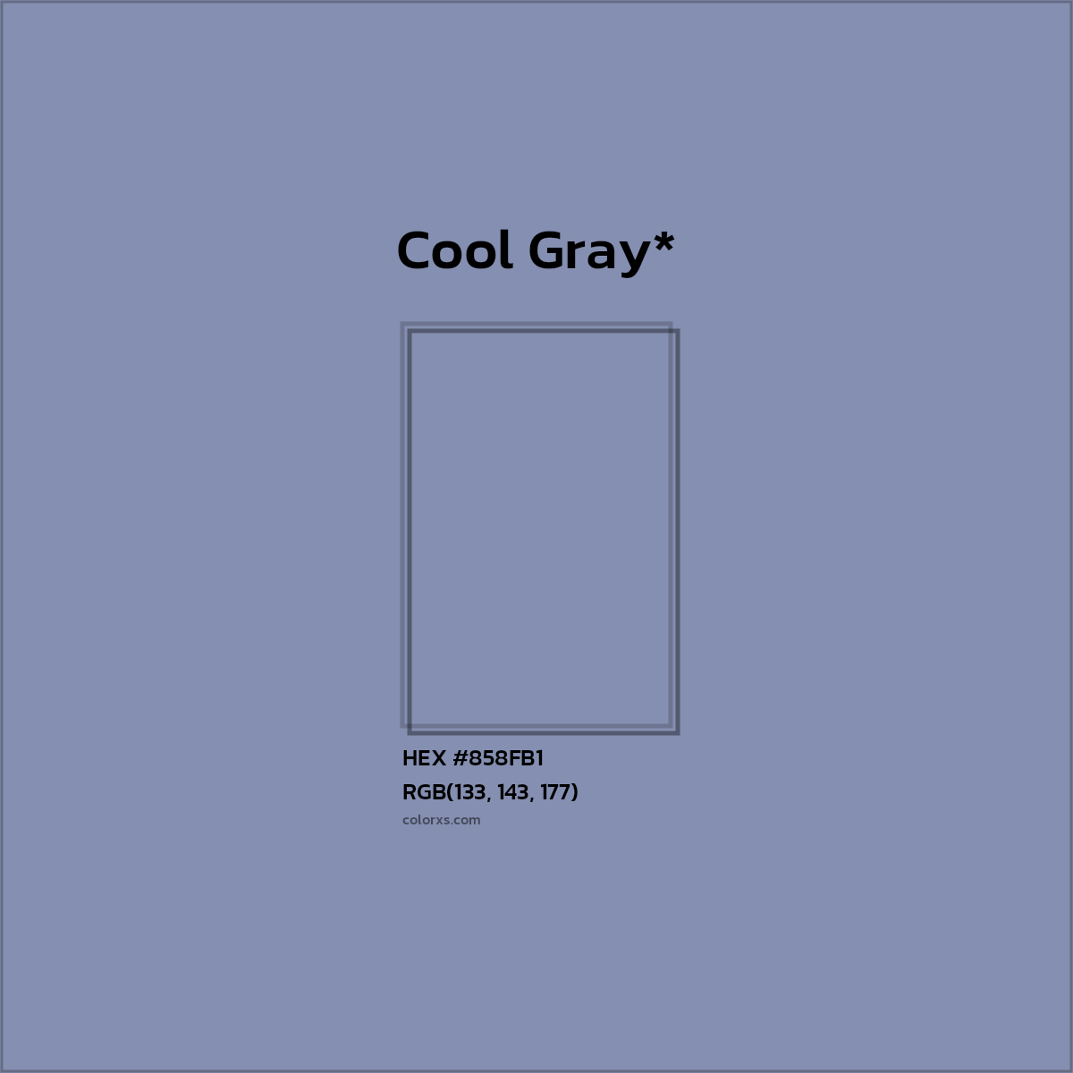 #858FB1 hex color. RGB, RYB, CMYK, HSL, HSV codes and color conversions. Matching color names, palettes, paints.