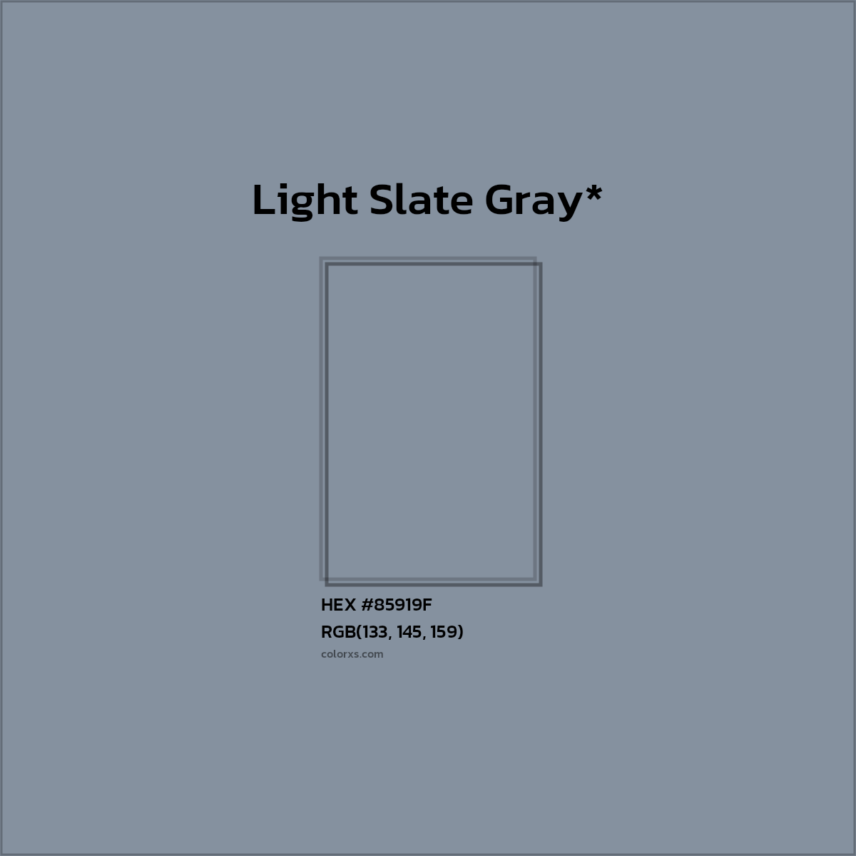 #85919F hex color. RGB, RYB, CMYK, HSL, HSV codes and color conversions. Matching color names, palettes, paints.