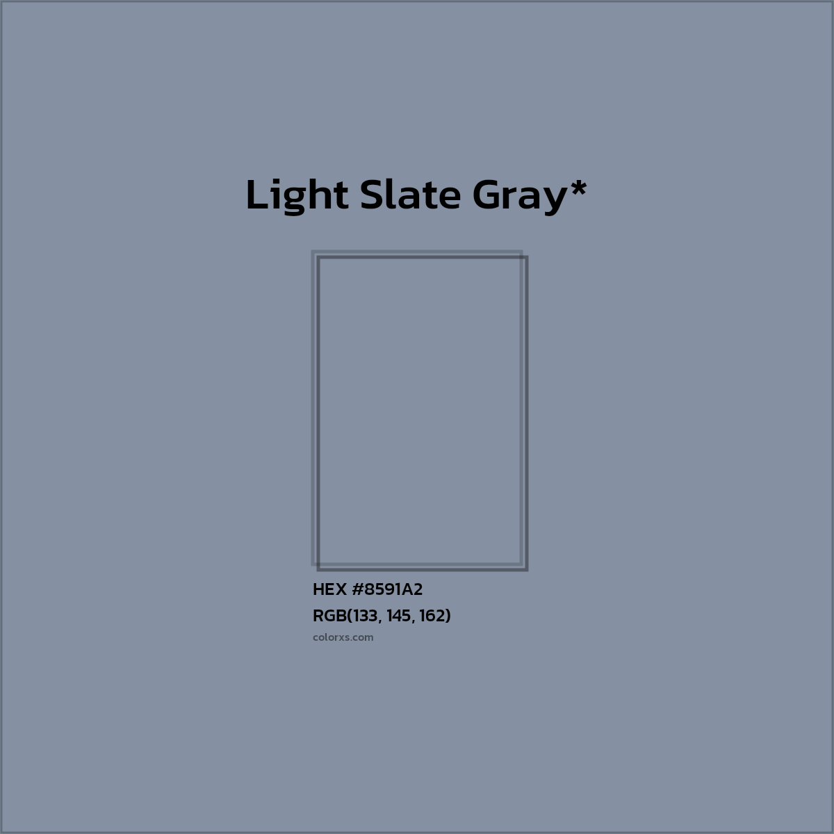 #8591A2 hex color. RGB, RYB, CMYK, HSL, HSV codes and color conversions. Matching color names, palettes, paints.