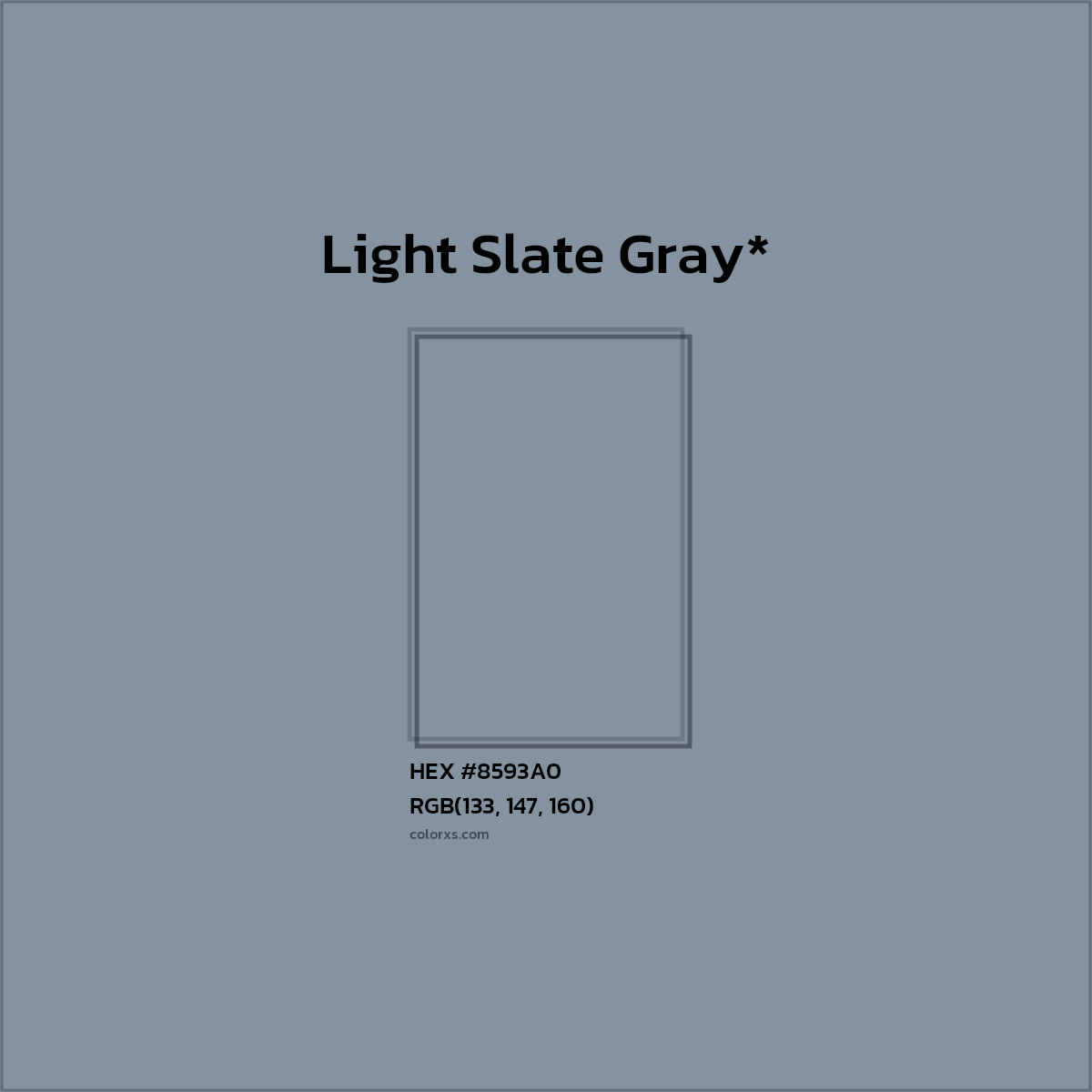 #8593A0 hex color. RGB, RYB, CMYK, HSL, HSV codes and color conversions. Matching color names, palettes, paints.