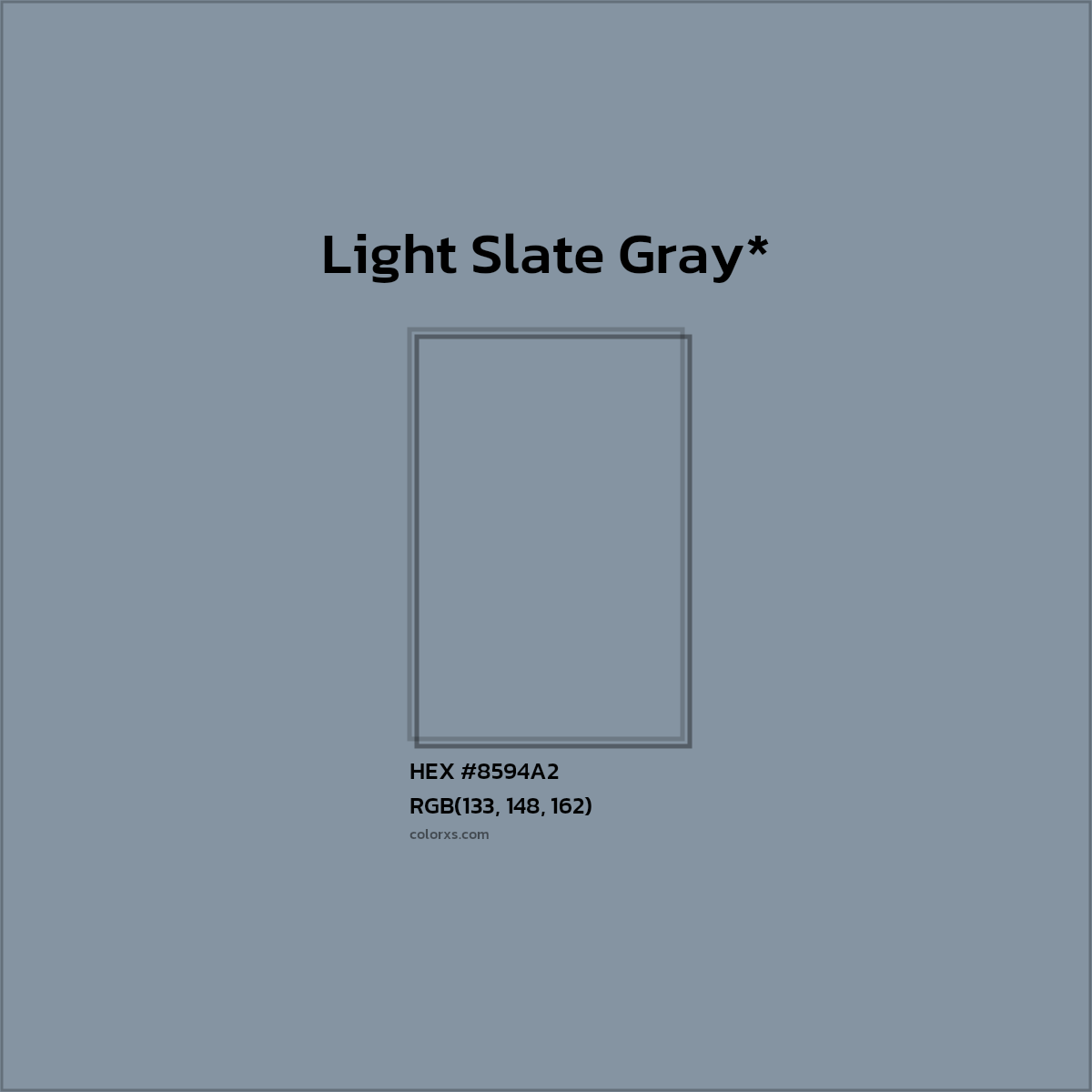 #8594A2 hex color. RGB, RYB, CMYK, HSL, HSV codes and color conversions. Matching color names, palettes, paints.