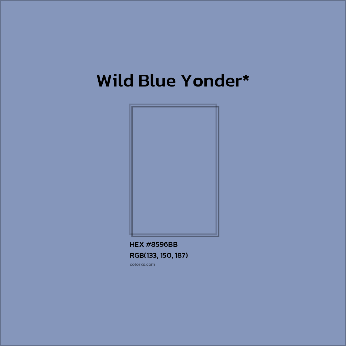 #8596BB hex color. RGB, RYB, CMYK, HSL, HSV codes and color conversions. Matching color names, palettes, paints.