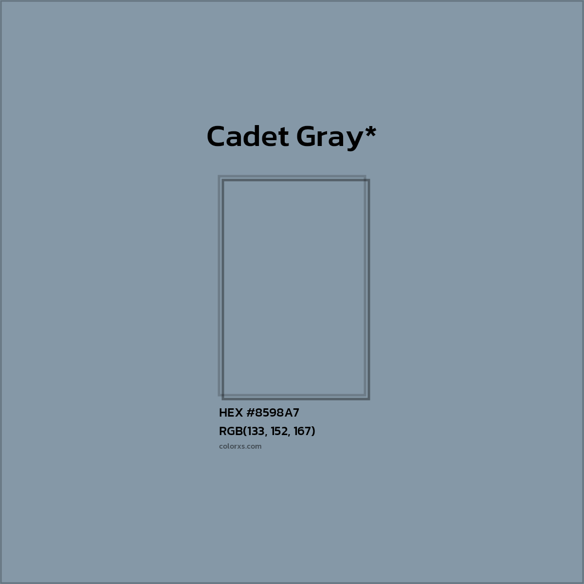 #8598A7 hex color. RGB, RYB, CMYK, HSL, HSV codes and color conversions. Matching color names, palettes, paints.