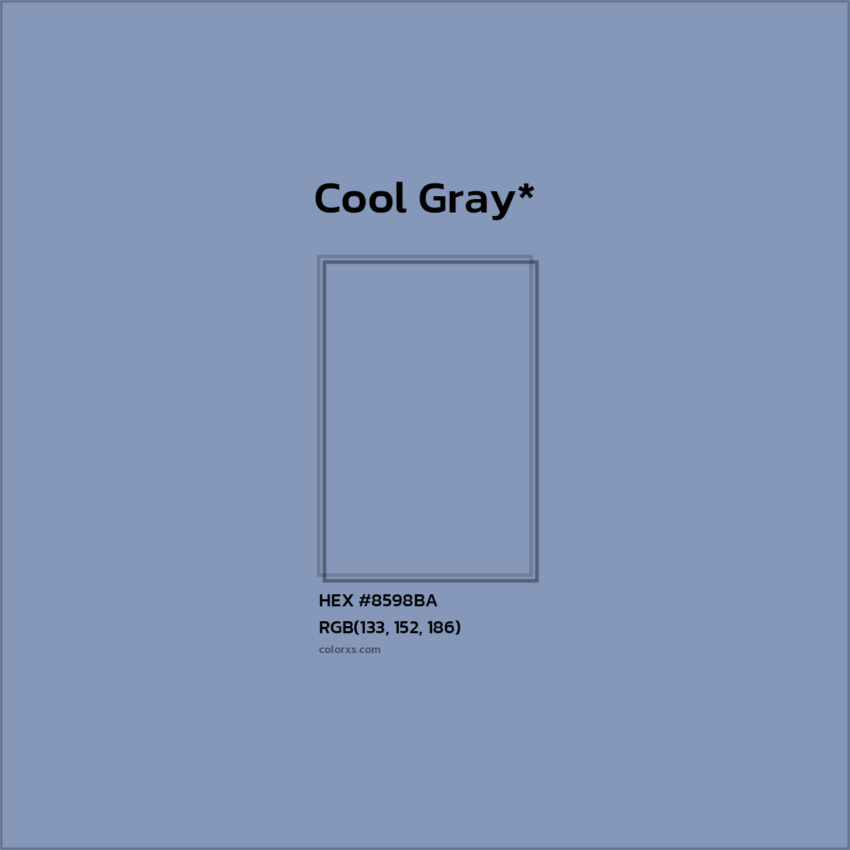#8598BA hex color. RGB, RYB, CMYK, HSL, HSV codes and color conversions. Matching color names, palettes, paints.