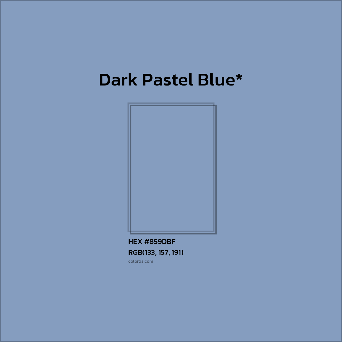 #859DBF hex color. RGB, RYB, CMYK, HSL, HSV codes and color conversions. Matching color names, palettes, paints.