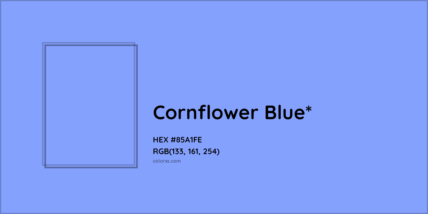 #85A1FE hex color. RGB, RYB, CMYK, HSL, HSV codes and color conversions. Matching color names, palettes, paints.
