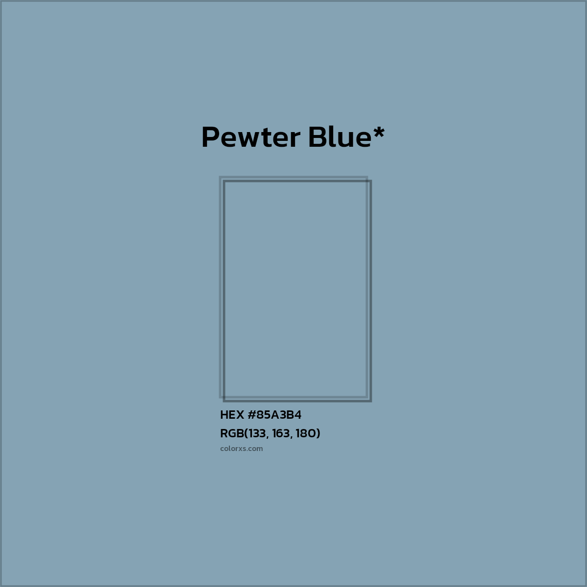 #85A3B4 hex color. RGB, RYB, CMYK, HSL, HSV codes and color conversions. Matching color names, palettes, paints.