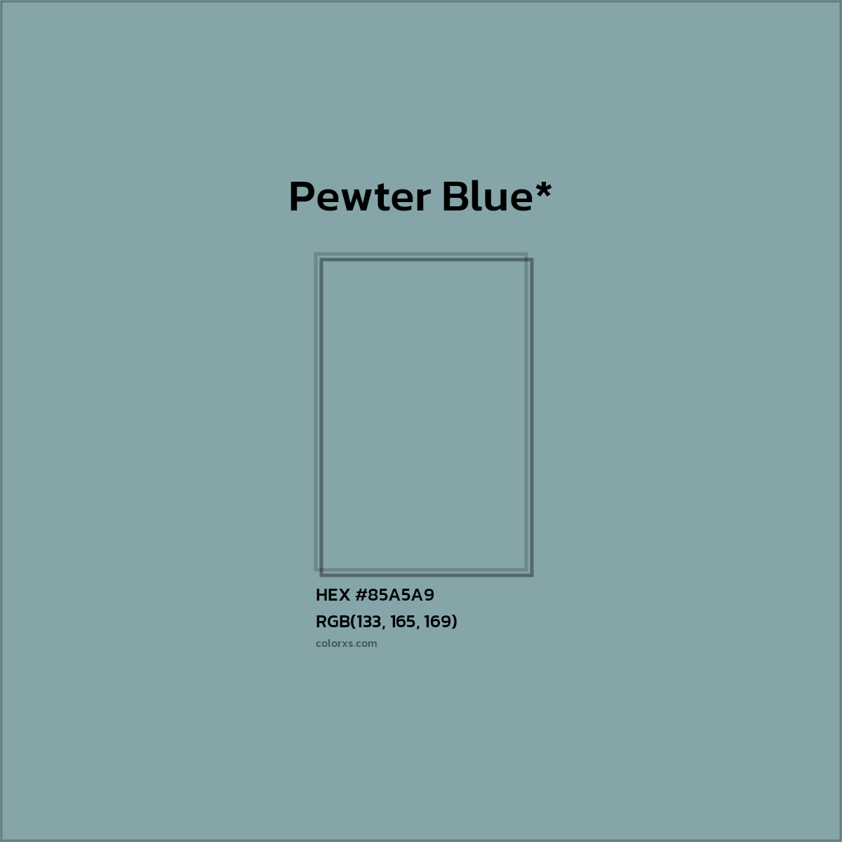 #85A5A9 hex color. RGB, RYB, CMYK, HSL, HSV codes and color conversions. Matching color names, palettes, paints.