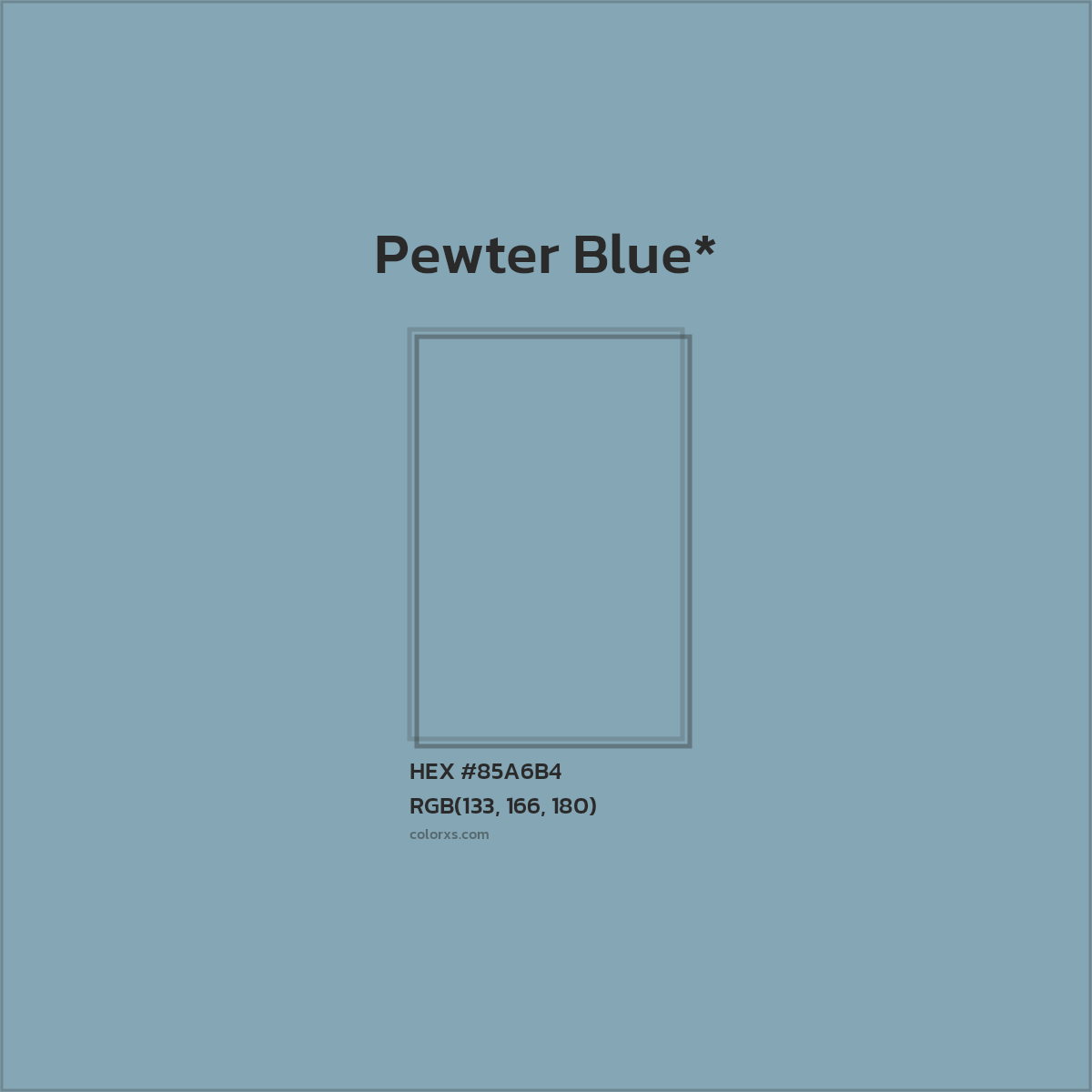 #85A6B4 hex color. RGB, RYB, CMYK, HSL, HSV codes and color conversions. Matching color names, palettes, paints.