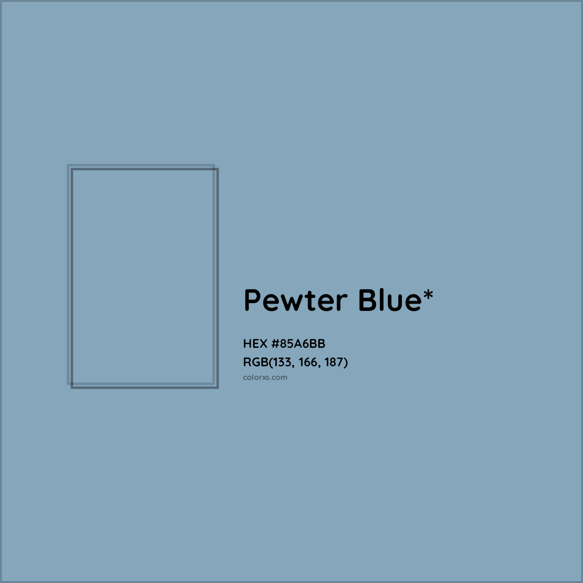 #85A6BB hex color. RGB, RYB, CMYK, HSL, HSV codes and color conversions. Matching color names, palettes, paints.