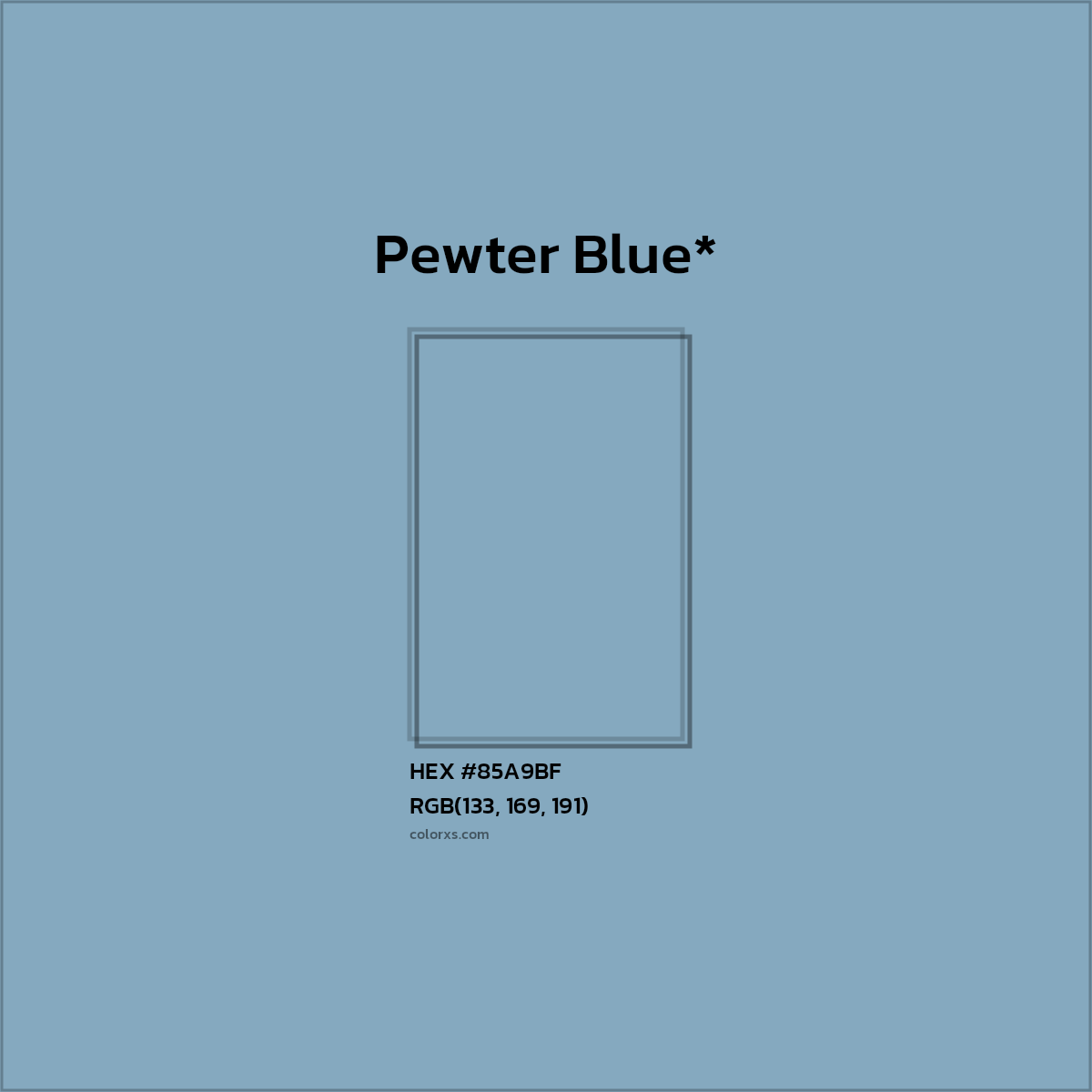 #85A9BF hex color. RGB, RYB, CMYK, HSL, HSV codes and color conversions. Matching color names, palettes, paints.