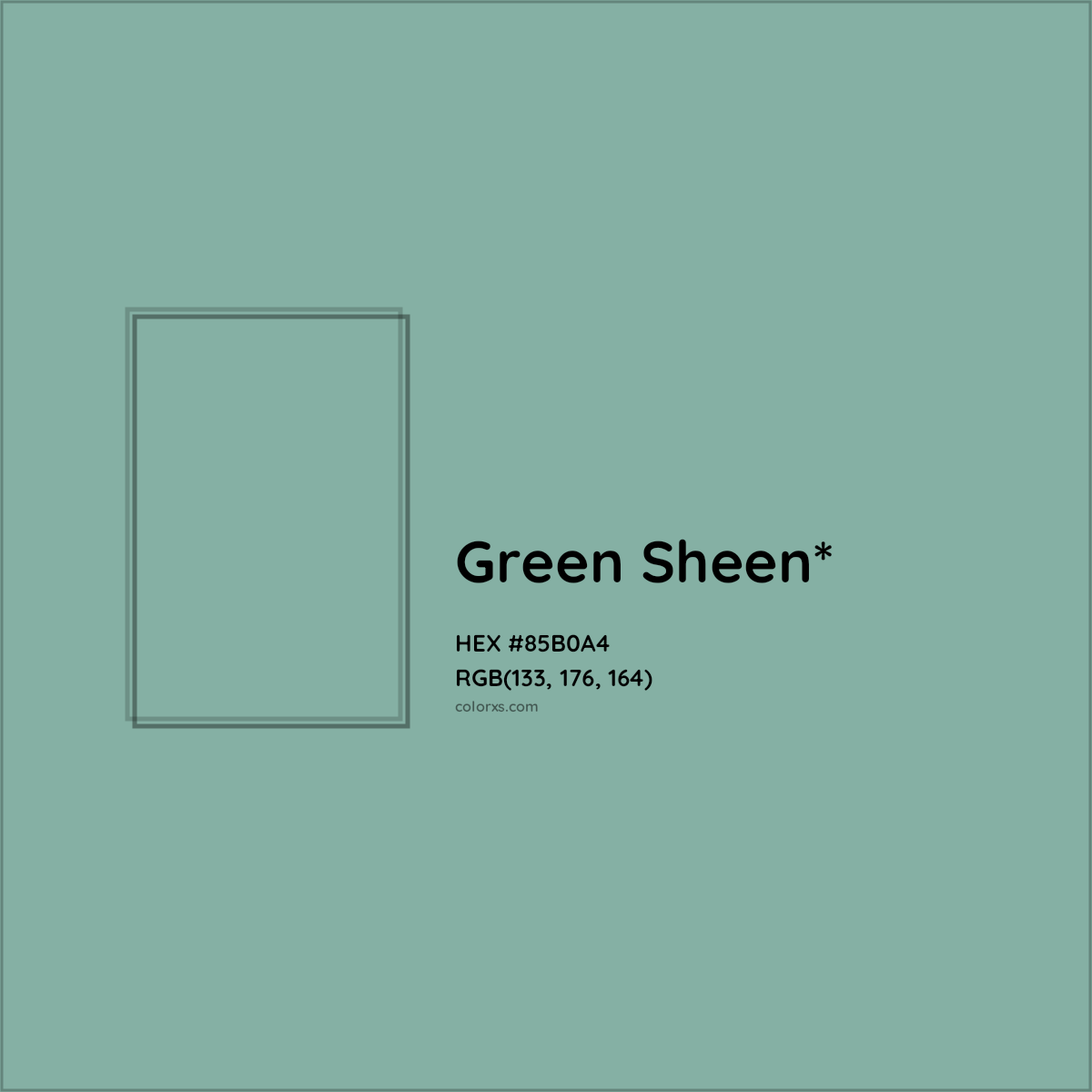 #85B0A4 hex color. RGB, RYB, CMYK, HSL, HSV codes and color conversions. Matching color names, palettes, paints.
