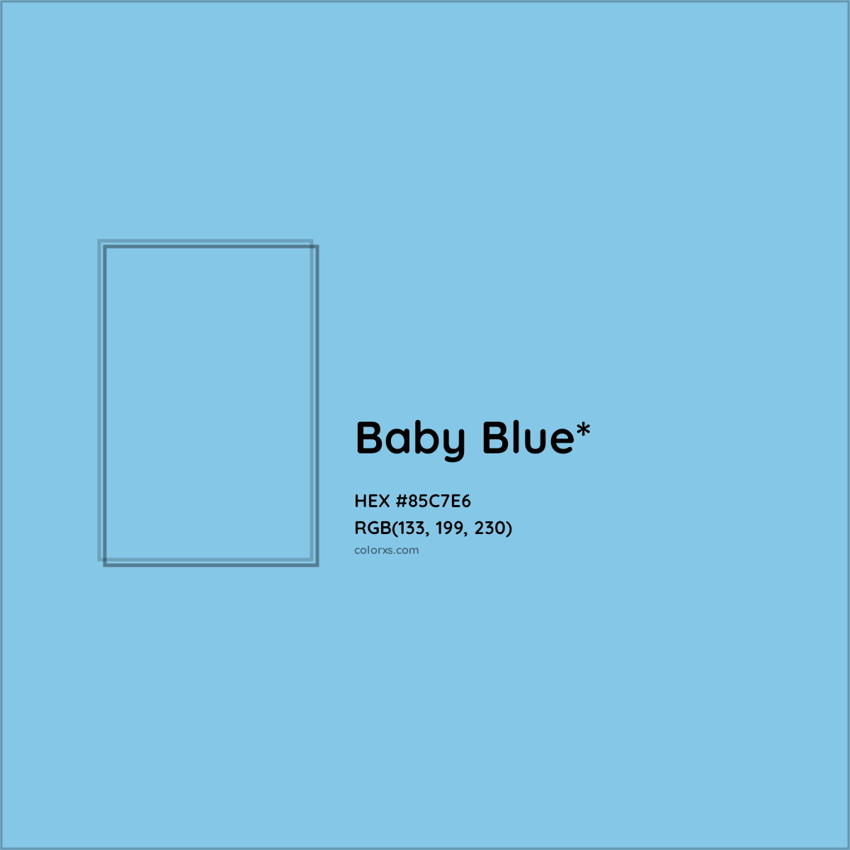#85C7E6 hex color. RGB, RYB, CMYK, HSL, HSV codes and color conversions. Matching color names, palettes, paints.