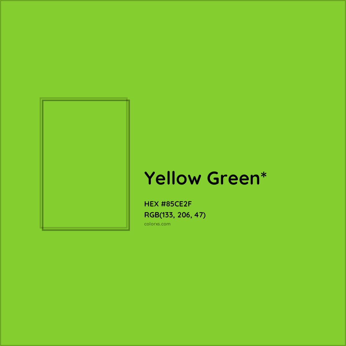 #85CE2F hex color. RGB, RYB, CMYK, HSL, HSV codes and color conversions. Matching color names, palettes, paints.