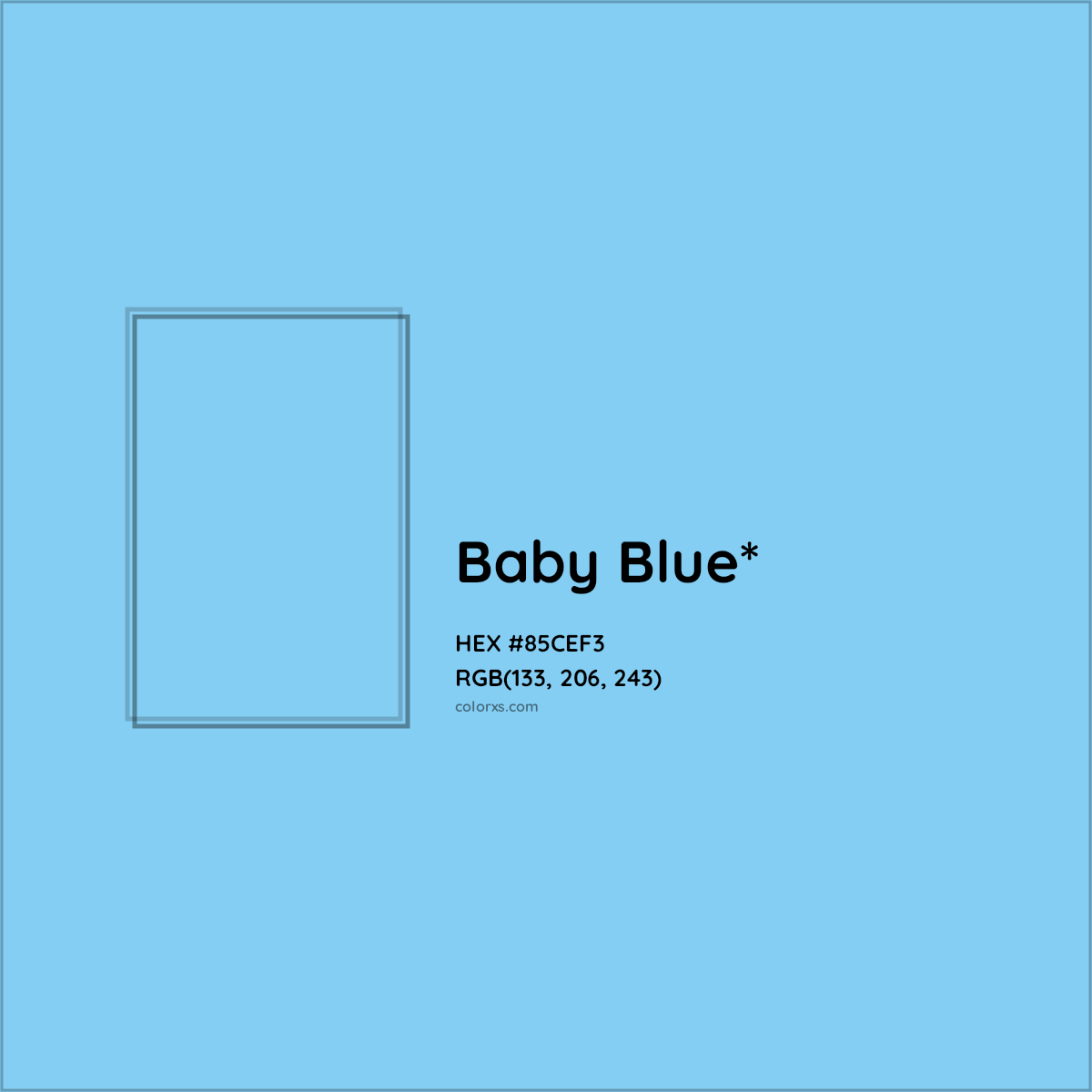 #85CEF3 hex color. RGB, RYB, CMYK, HSL, HSV codes and color conversions. Matching color names, palettes, paints.