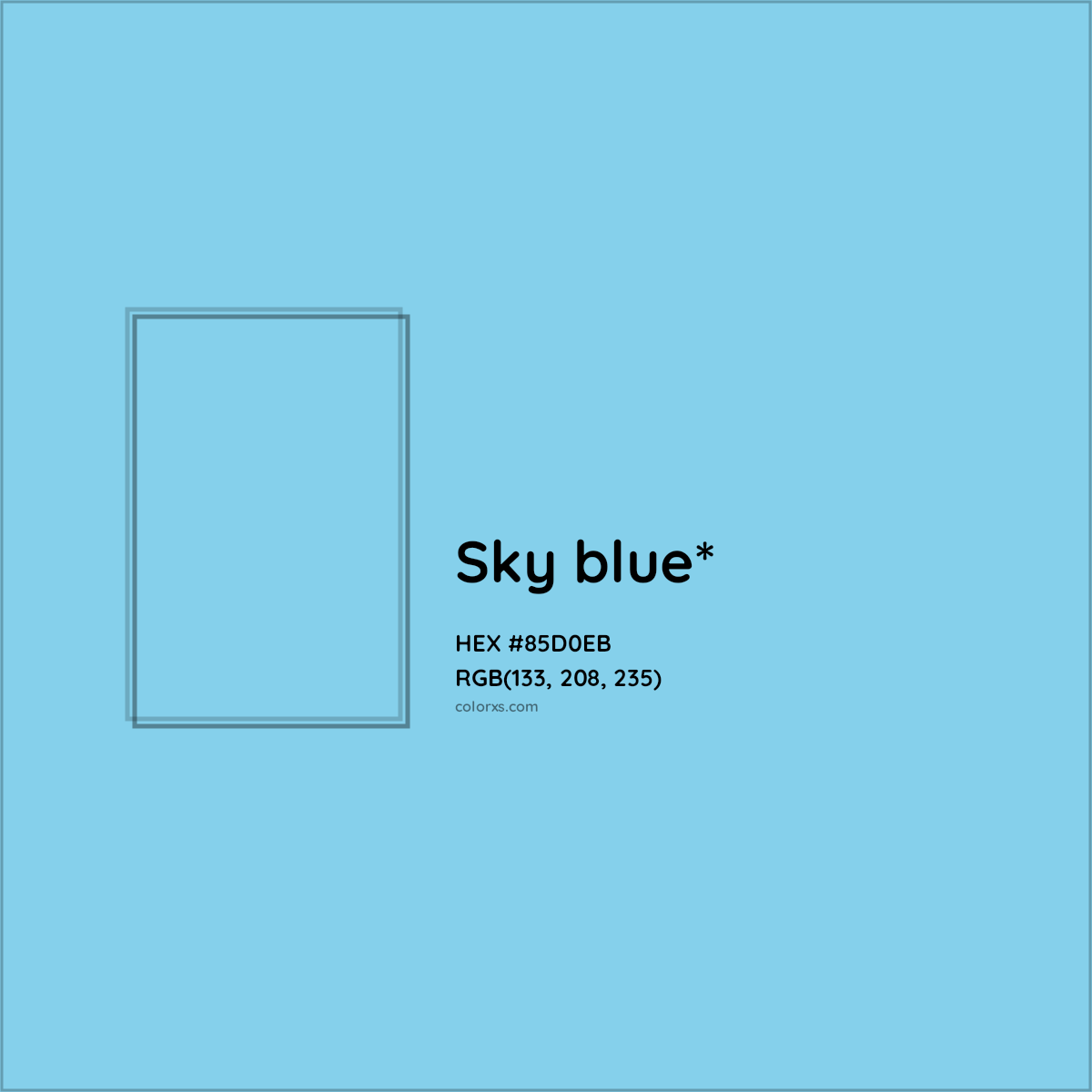 #85D0EB hex color. RGB, RYB, CMYK, HSL, HSV codes and color conversions. Matching color names, palettes, paints.