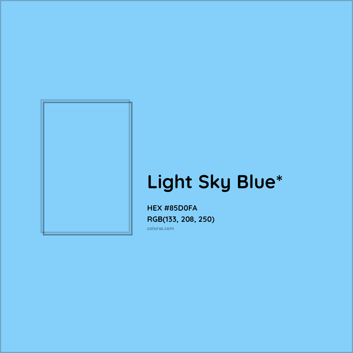 #85D0FA hex color. RGB, RYB, CMYK, HSL, HSV codes and color conversions. Matching color names, palettes, paints.