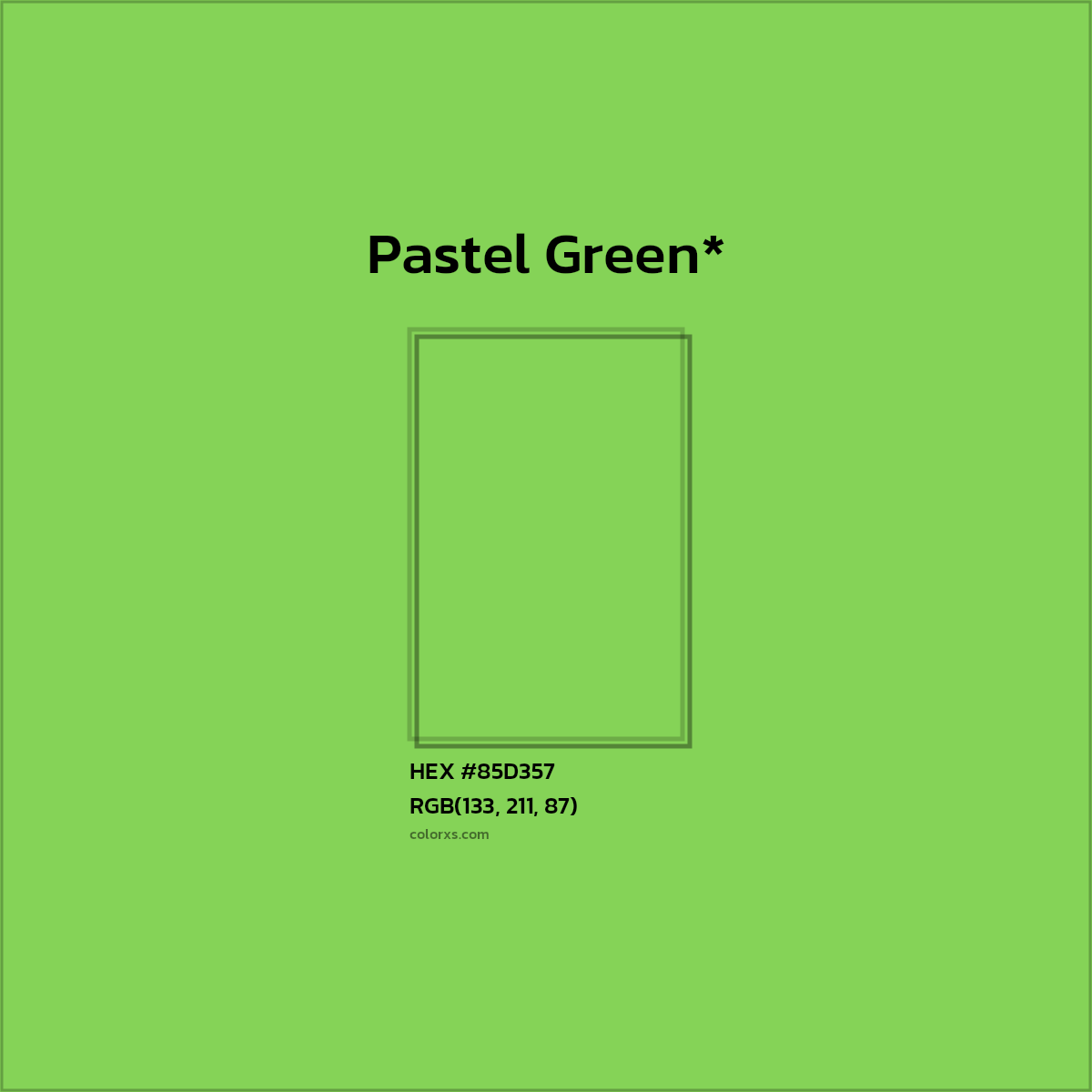 #85D357 hex color. RGB, RYB, CMYK, HSL, HSV codes and color conversions. Matching color names, palettes, paints.