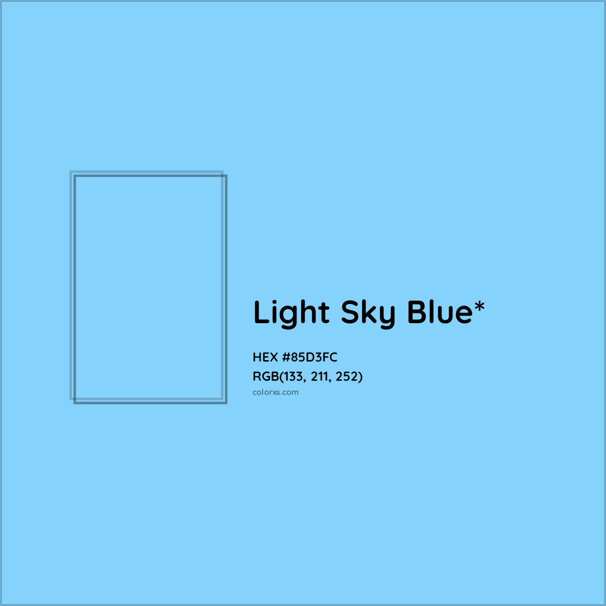 #85D3FC hex color. RGB, RYB, CMYK, HSL, HSV codes and color conversions. Matching color names, palettes, paints.