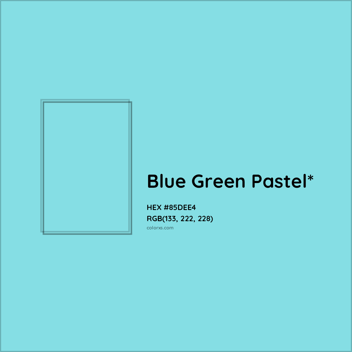 #85DEE4 hex color. RGB, RYB, CMYK, HSL, HSV codes and color conversions. Matching color names, palettes, paints.