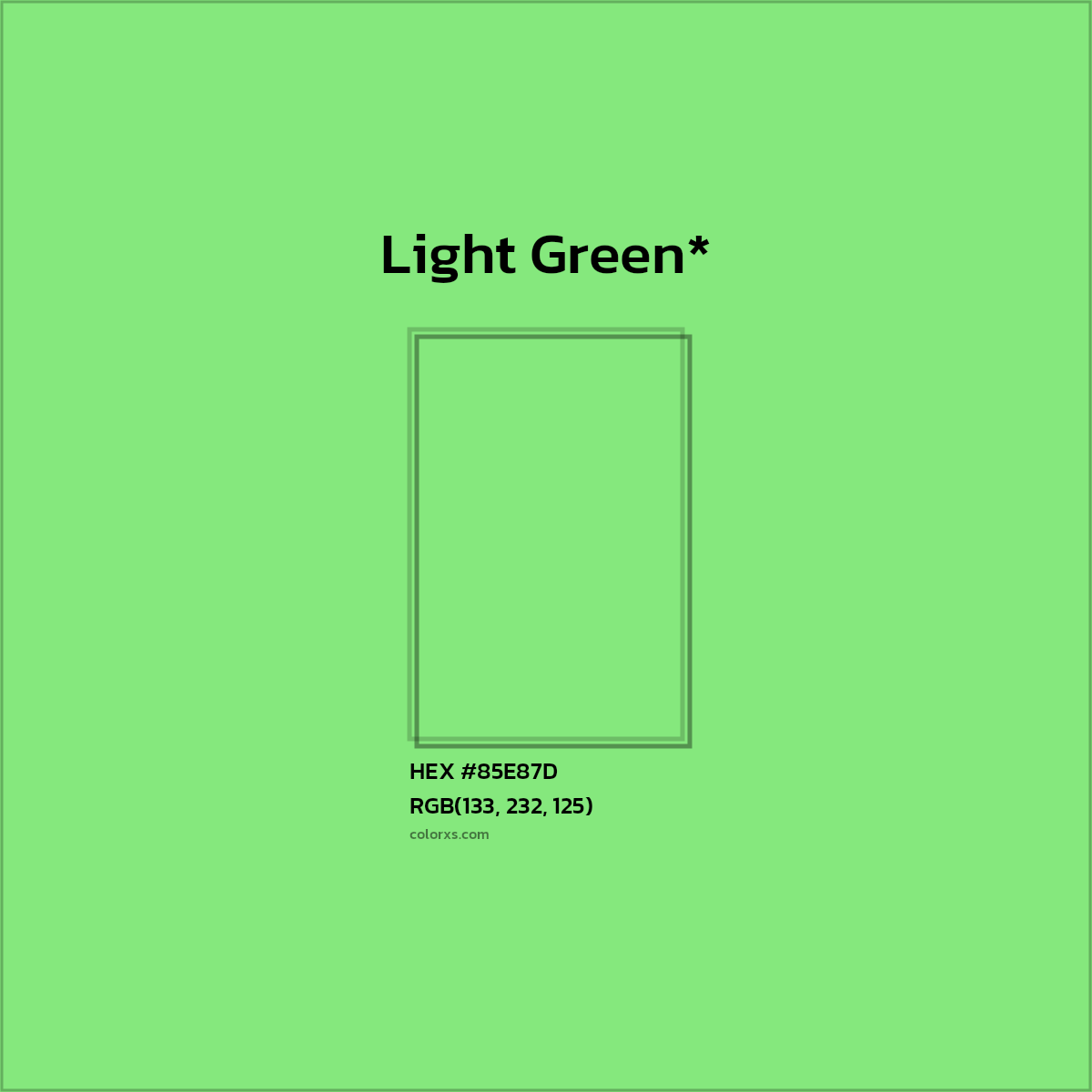 #85E87D hex color. RGB, RYB, CMYK, HSL, HSV codes and color conversions. Matching color names, palettes, paints.