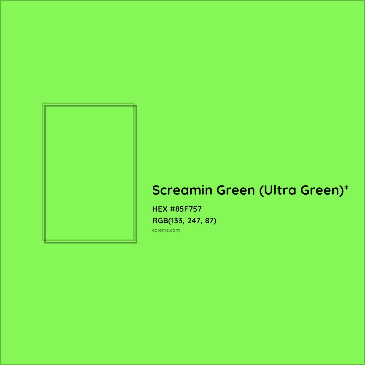 #85F757 hex color. RGB, RYB, CMYK, HSL, HSV codes and color conversions. Matching color names, palettes, paints.