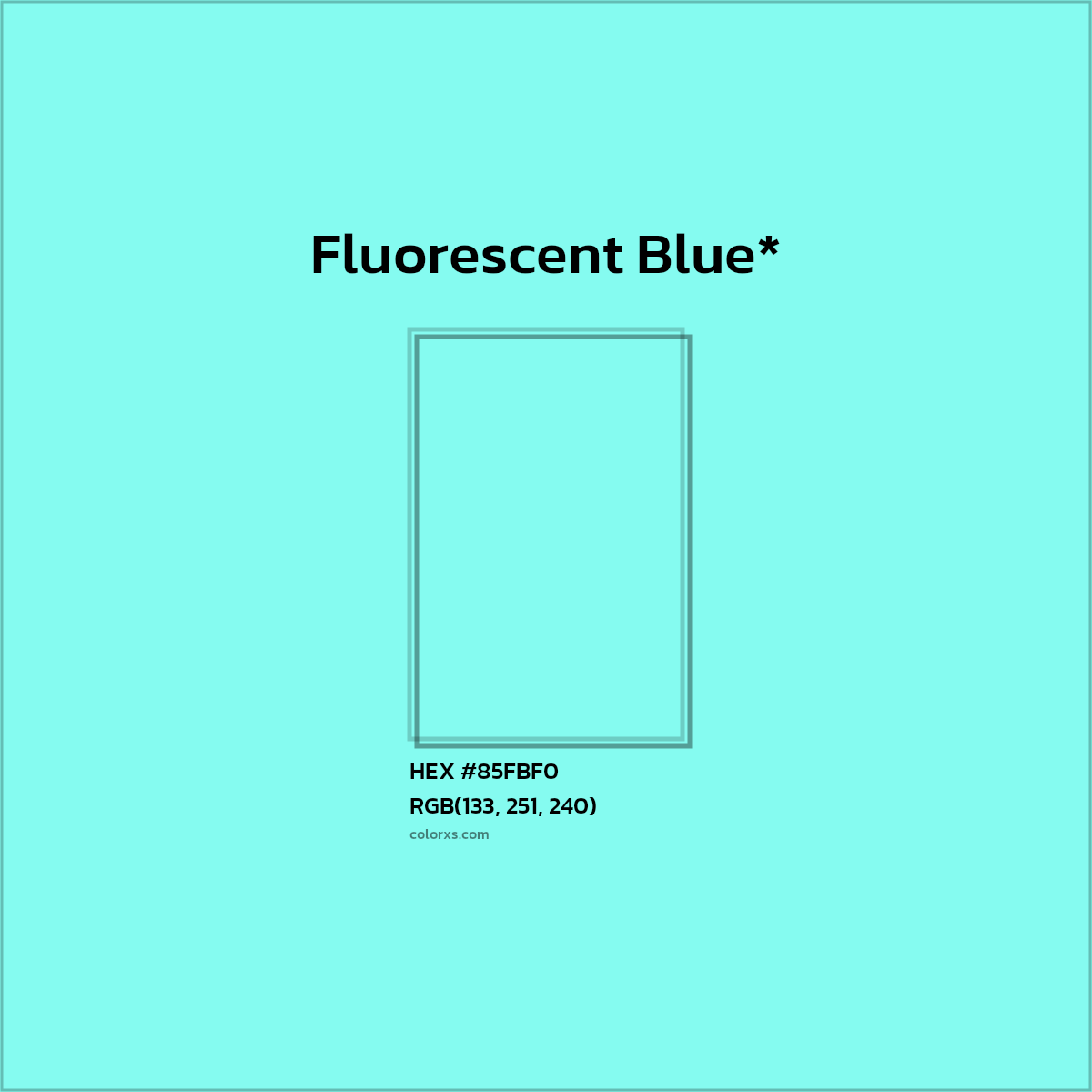 #85FBF0 hex color. RGB, RYB, CMYK, HSL, HSV codes and color conversions. Matching color names, palettes, paints.