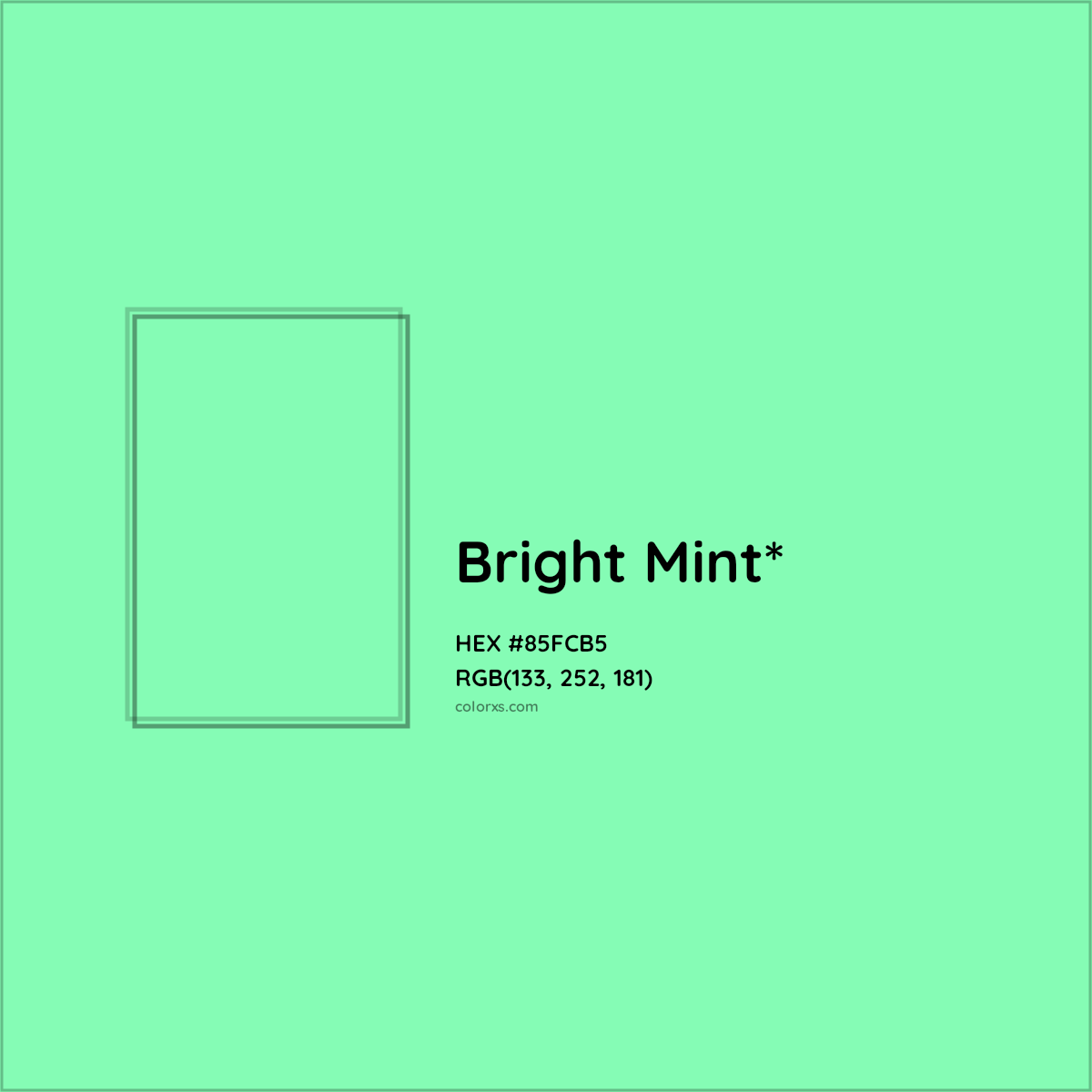 #85FCB5 hex color. RGB, RYB, CMYK, HSL, HSV codes and color conversions. Matching color names, palettes, paints.