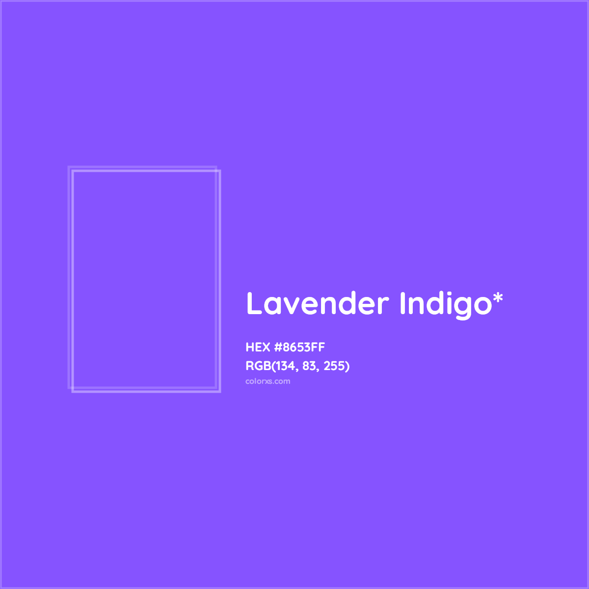 #8653FF hex color. RGB, RYB, CMYK, HSL, HSV codes and color conversions. Matching color names, palettes, paints.
