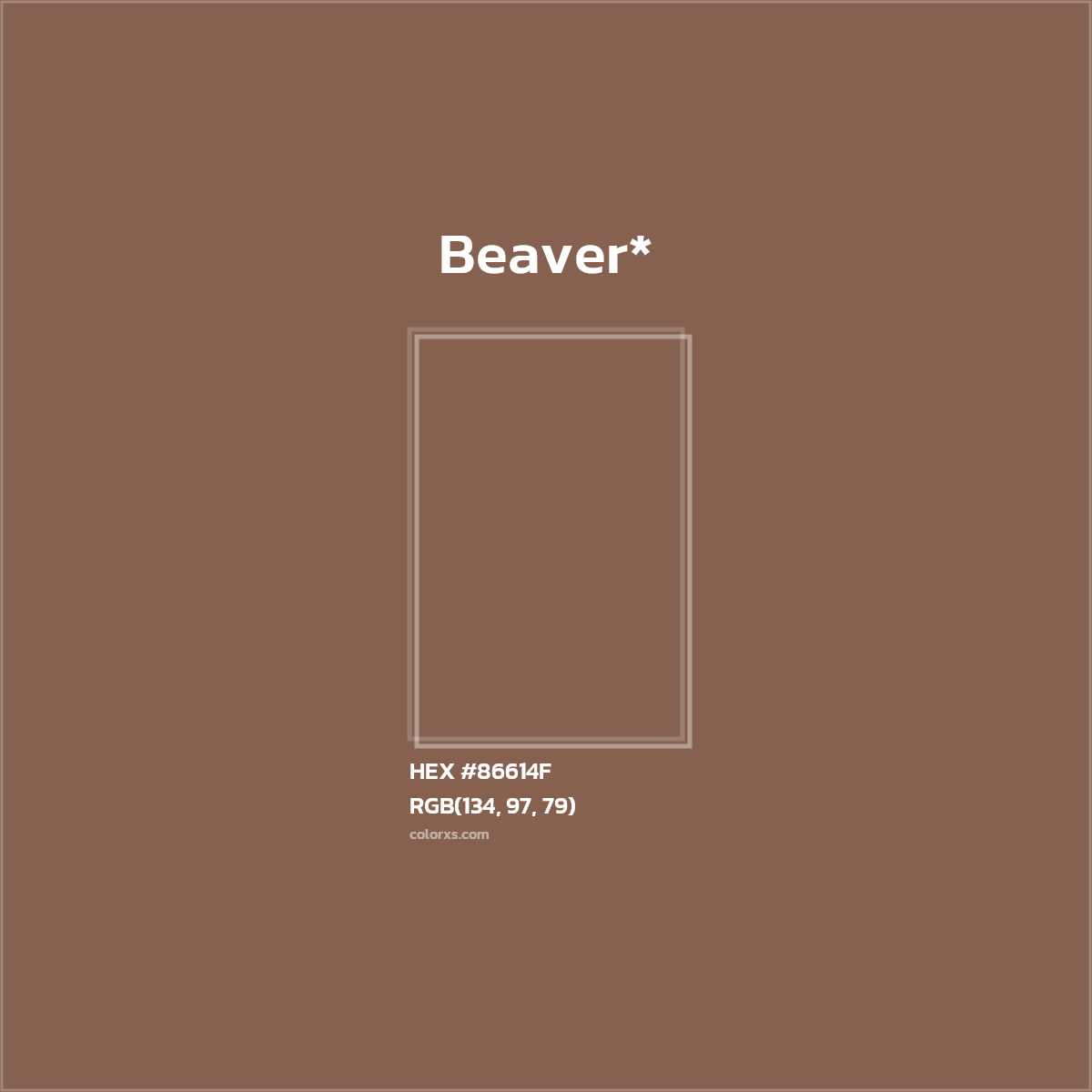 #86614F hex color. RGB, RYB, CMYK, HSL, HSV codes and color conversions. Matching color names, palettes, paints.