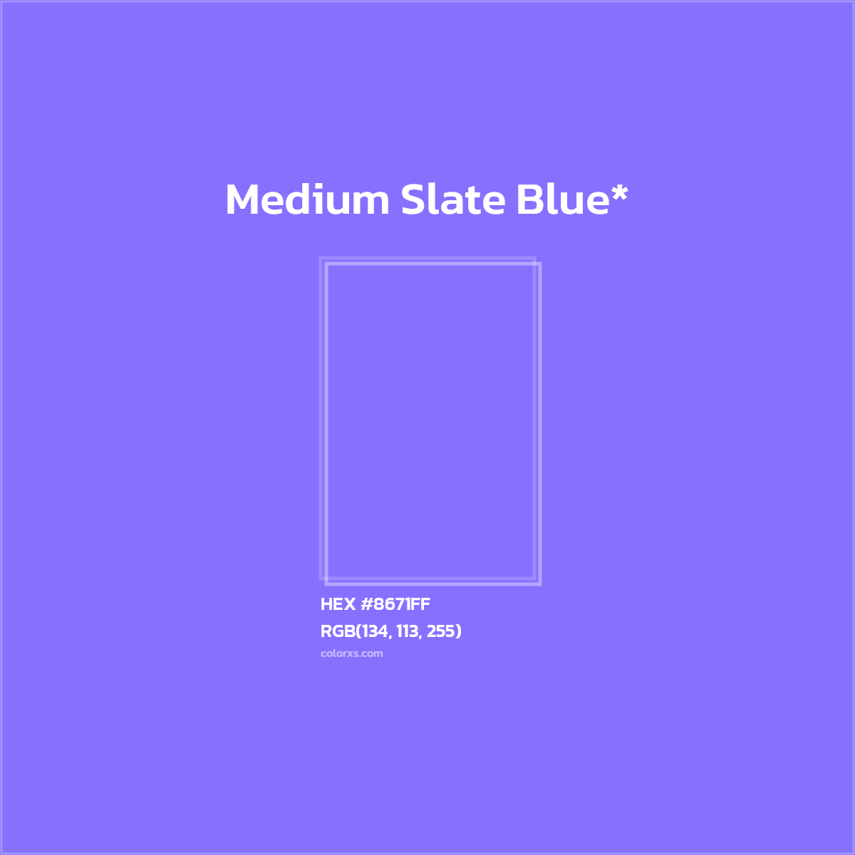 #8671FF hex color. RGB, RYB, CMYK, HSL, HSV codes and color conversions. Matching color names, palettes, paints.