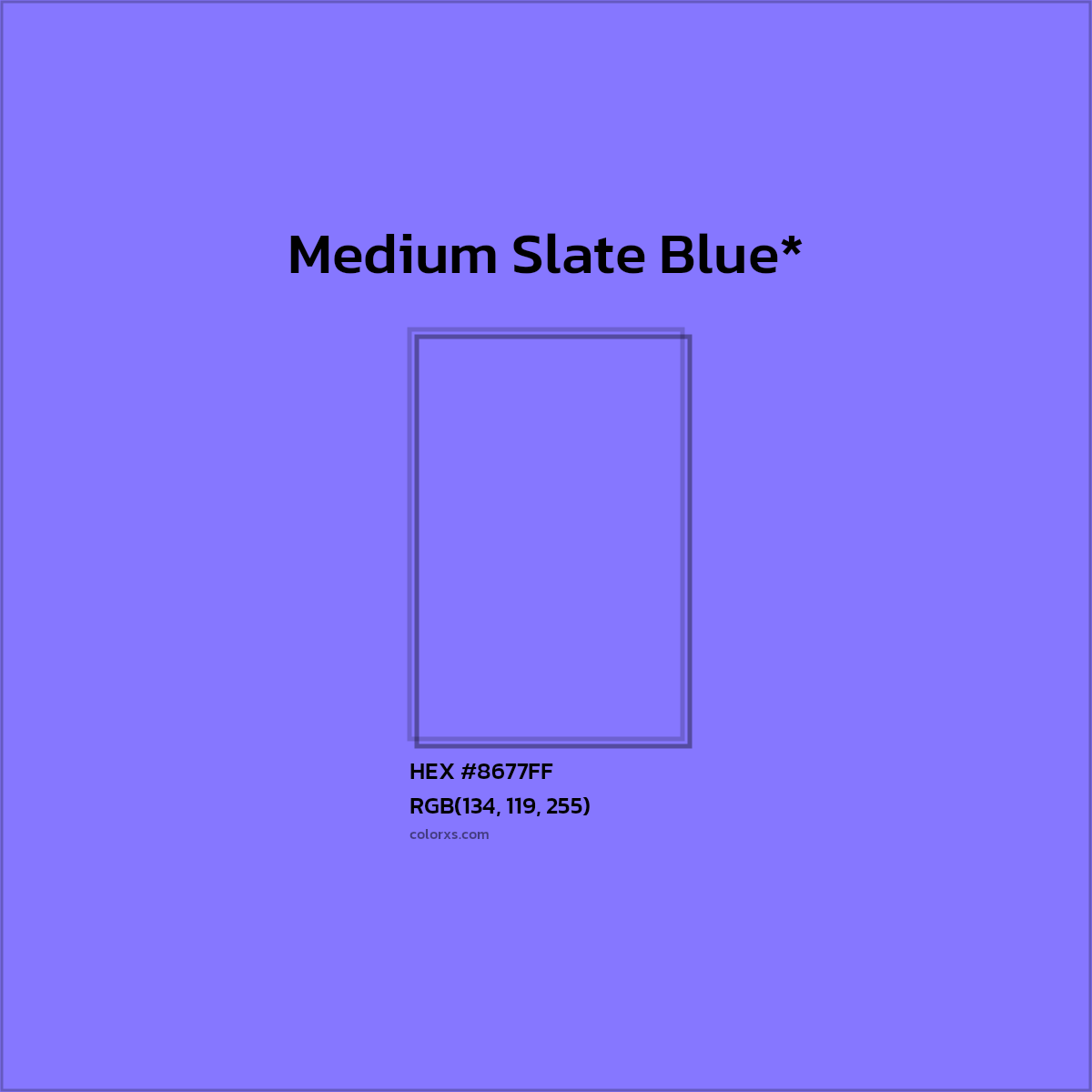 #8677FF hex color. RGB, RYB, CMYK, HSL, HSV codes and color conversions. Matching color names, palettes, paints.