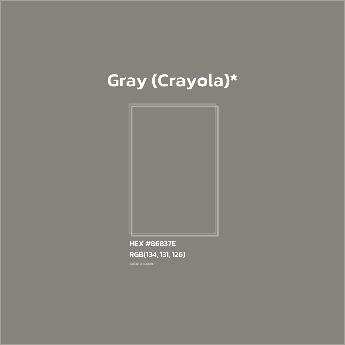 #86837E hex color. RGB, RYB, CMYK, HSL, HSV codes and color conversions. Matching color names, palettes, paints.