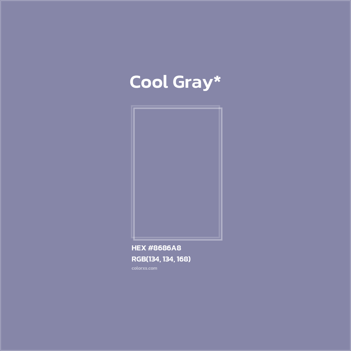 #8686A8 hex color. RGB, RYB, CMYK, HSL, HSV codes and color conversions. Matching color names, palettes, paints.