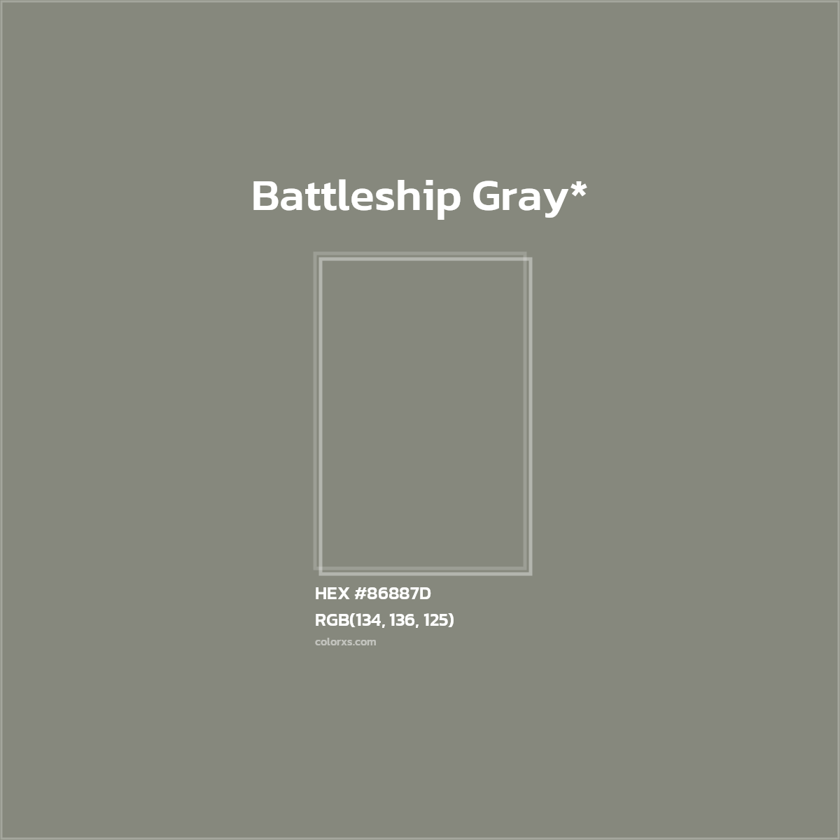 #86887D hex color. RGB, RYB, CMYK, HSL, HSV codes and color conversions. Matching color names, palettes, paints.