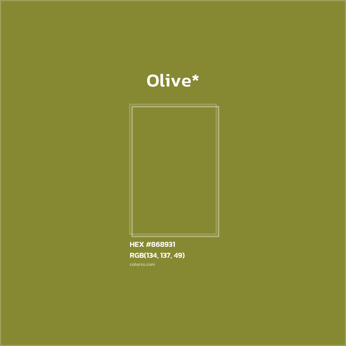 #868931 hex color. RGB, RYB, CMYK, HSL, HSV codes and color conversions. Matching color names, palettes, paints.