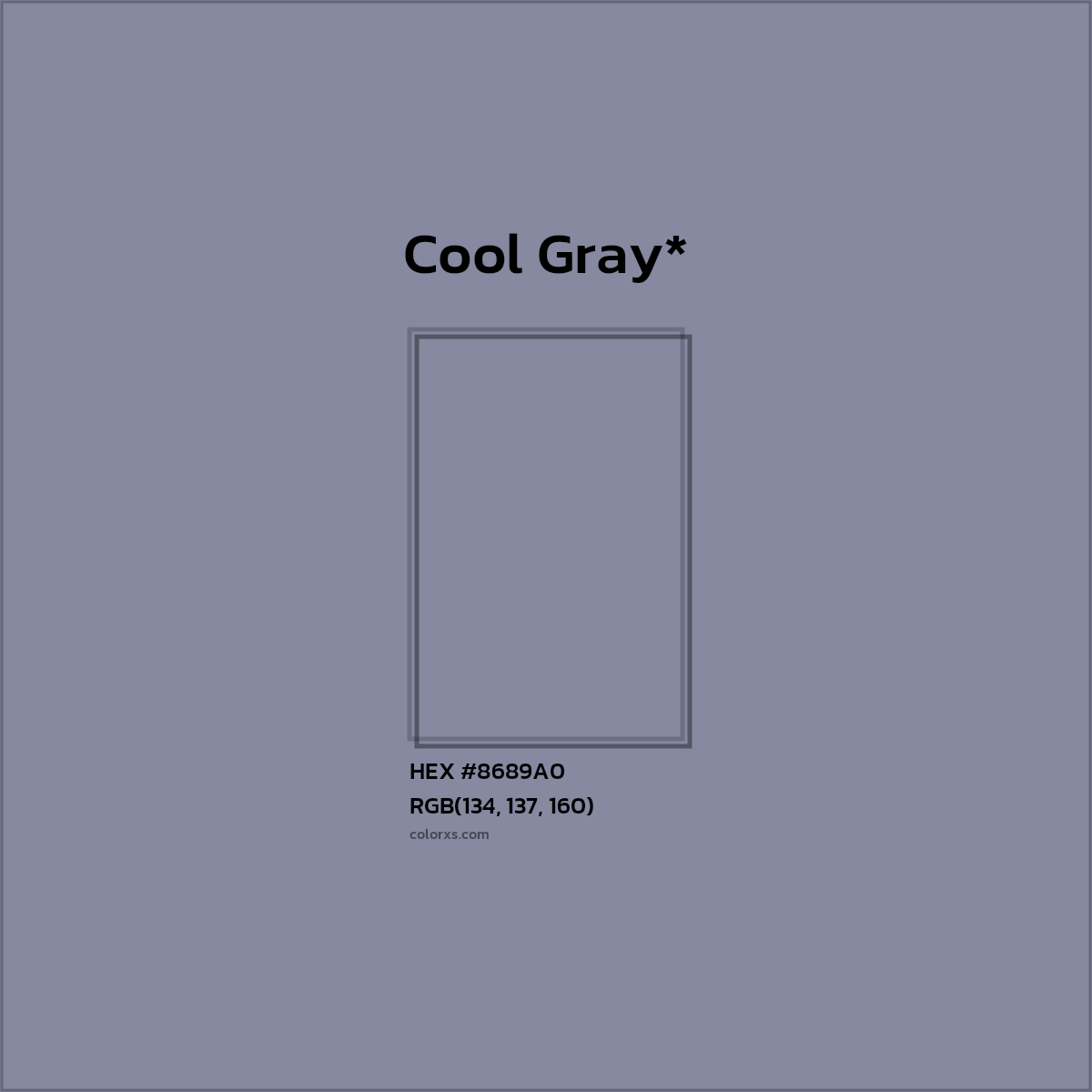 #8689A0 hex color. RGB, RYB, CMYK, HSL, HSV codes and color conversions. Matching color names, palettes, paints.