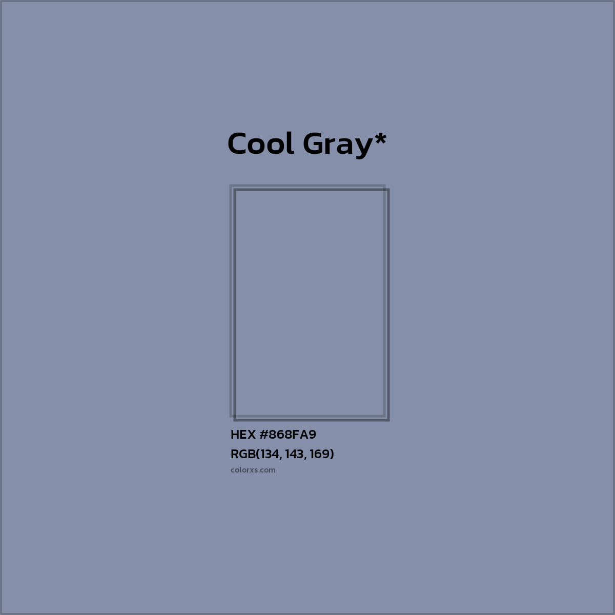 #868FA9 hex color. RGB, RYB, CMYK, HSL, HSV codes and color conversions. Matching color names, palettes, paints.