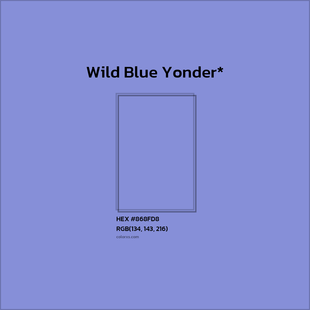 #868FD8 hex color. RGB, RYB, CMYK, HSL, HSV codes and color conversions. Matching color names, palettes, paints.