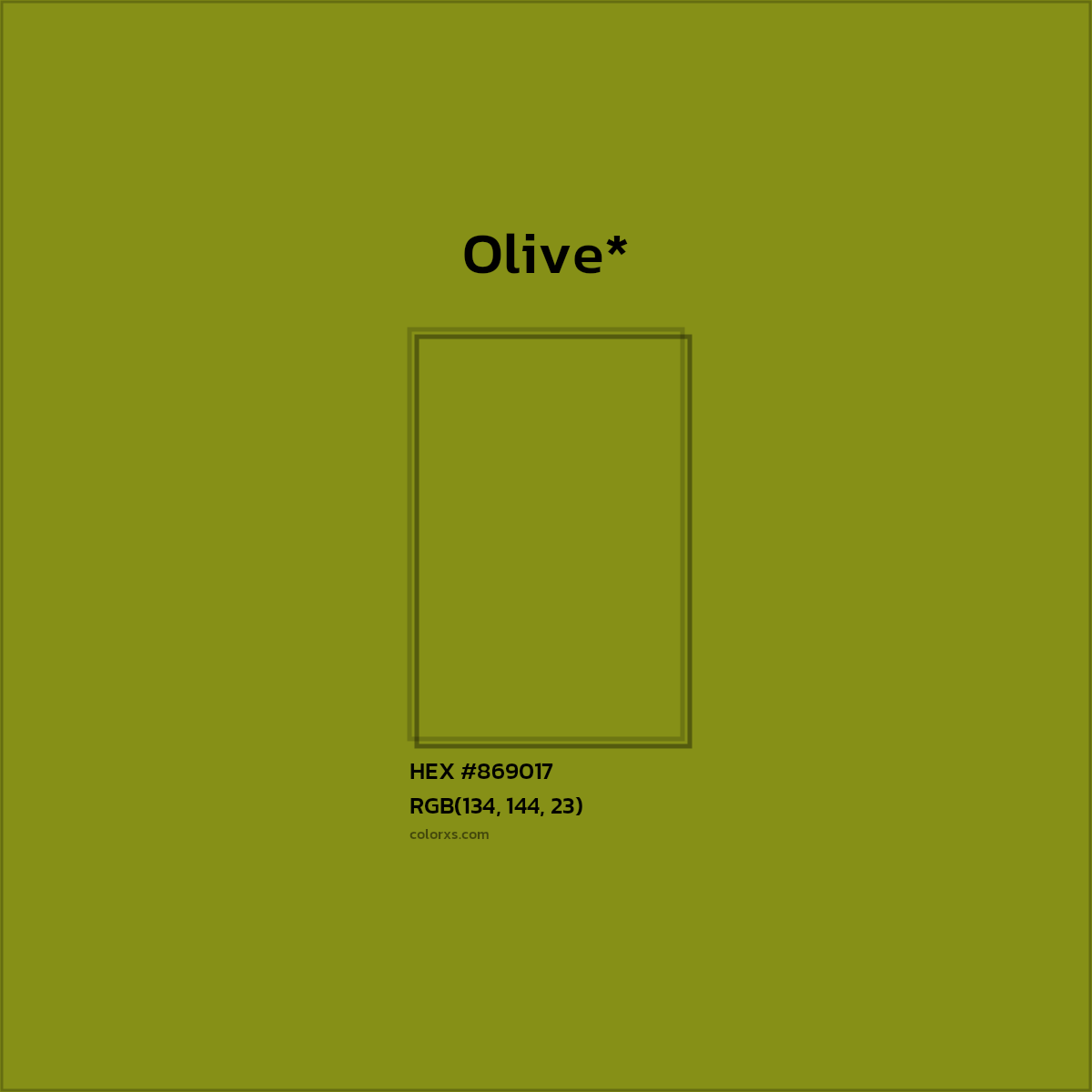#869017 hex color. RGB, RYB, CMYK, HSL, HSV codes and color conversions. Matching color names, palettes, paints.
